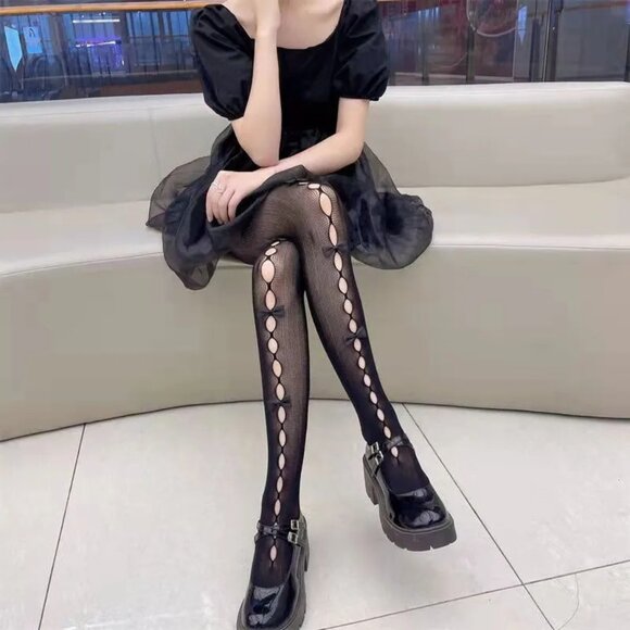 Gothic Lolita Victorian EGL Black Openings & Bows Pantyhose Stockings - Picture 1 of 5